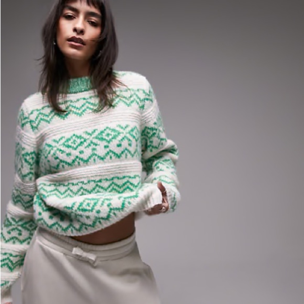 Topshop Green and White Knit Winter Sweater - Christmas Sweater Size XS